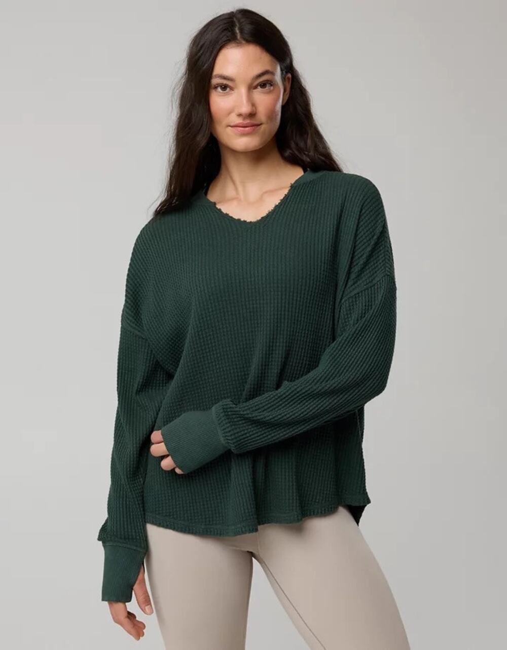 Aerie Offline | Wow! Waffle Notch V-Neck Faded Green Long Sleeve T-Shirt Casual